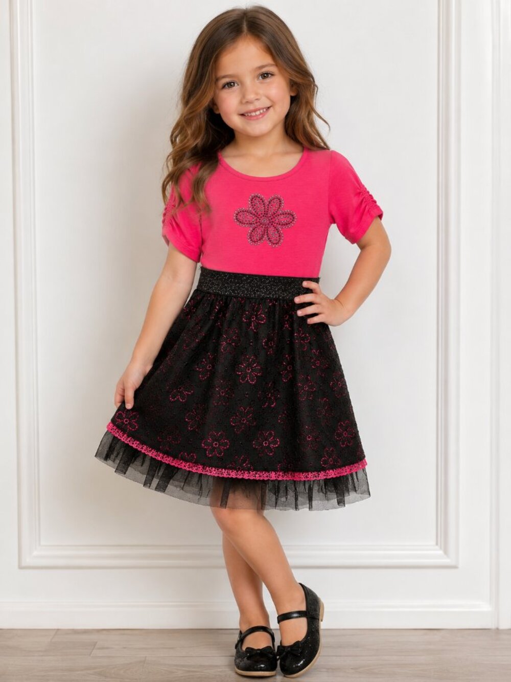 Lipstik Girls Boutique Fuschia/ Black Sparkly Lace Skirt Dress NWT Sz‎ 6X